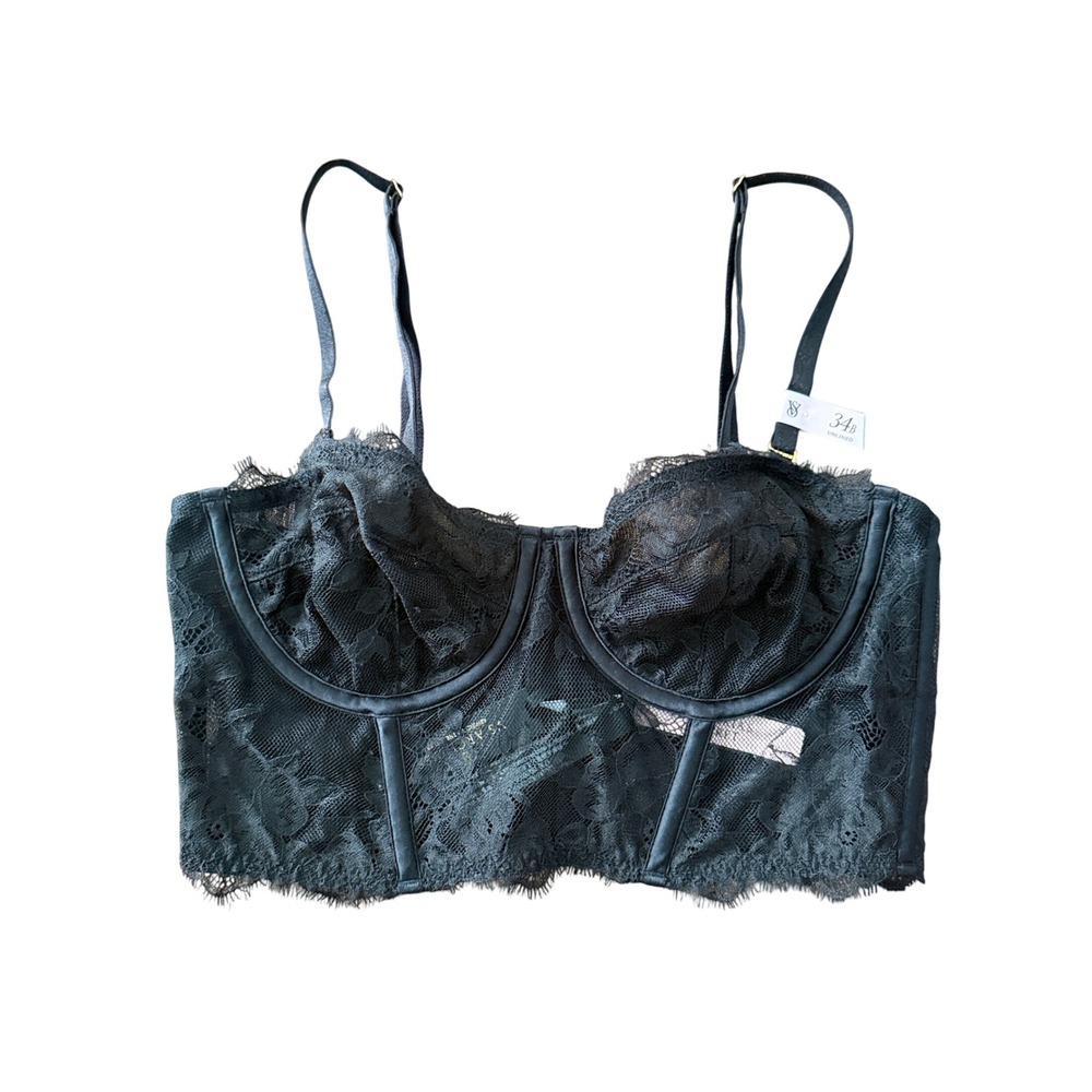 Victoria's Secret VS Archives Black Floral Lace Unlined Bra Top Bustier 34B NEW